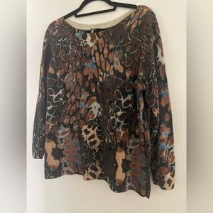 Talbots Brown and Blue multi color  Animal Print sweater Soft Marino wool.
